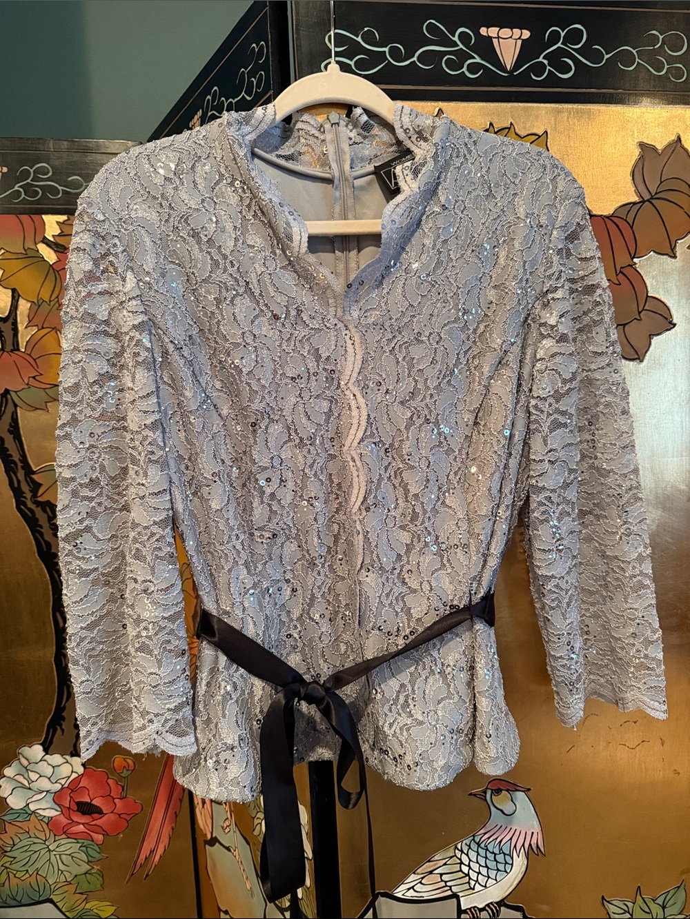 Alex Evenings Silver Lace Top with Black Ribbon Belt